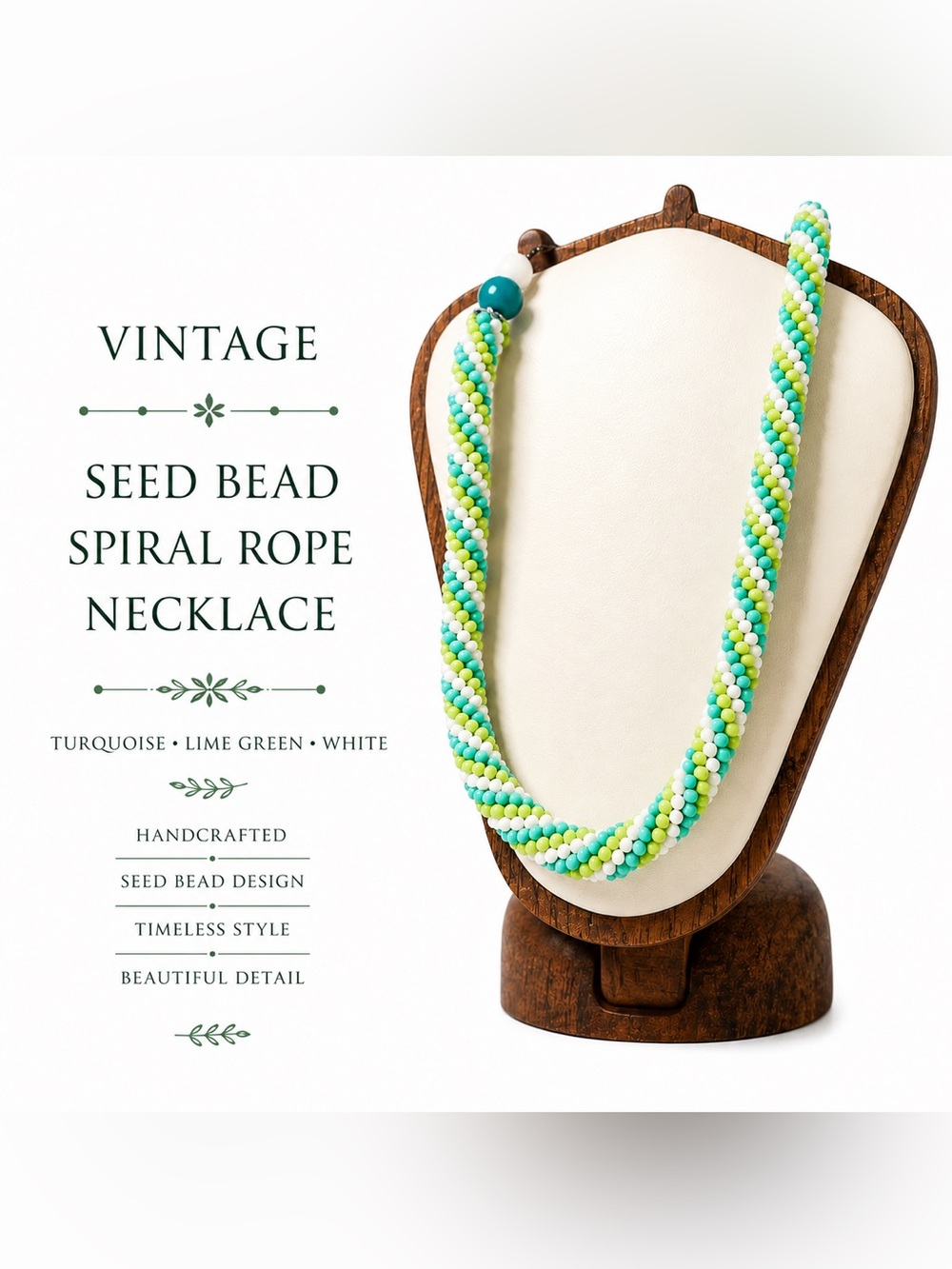 Vintage Seed Bead Spiral Rope Necklace Turquoise Lime Green White